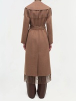 Manteau long coupe-vent en laine de chameau/polyester, col rabattu, ceinture, ourlet à franges, style bohème pour femmes