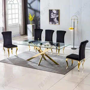 आधुनिक centerpieces शादी की मेज ग्लास खाने की मेज सेट रेस्तरां के लिए घटनाओं के लिए स्टेनलेस स्टील के खाने की मेज और कुर्सियों