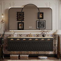 Meuble-lavabo vintage de style mid-century en bois massif avec vasque en marbre et miroir LED intelligent