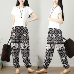 กางเกงช้างผ้าฝ้ายแบบไทยสำหรับผู้หญิง,กางเกงขายาวมีกระเป๋ากางเกงทรงหลวมกางเกงชายหาด