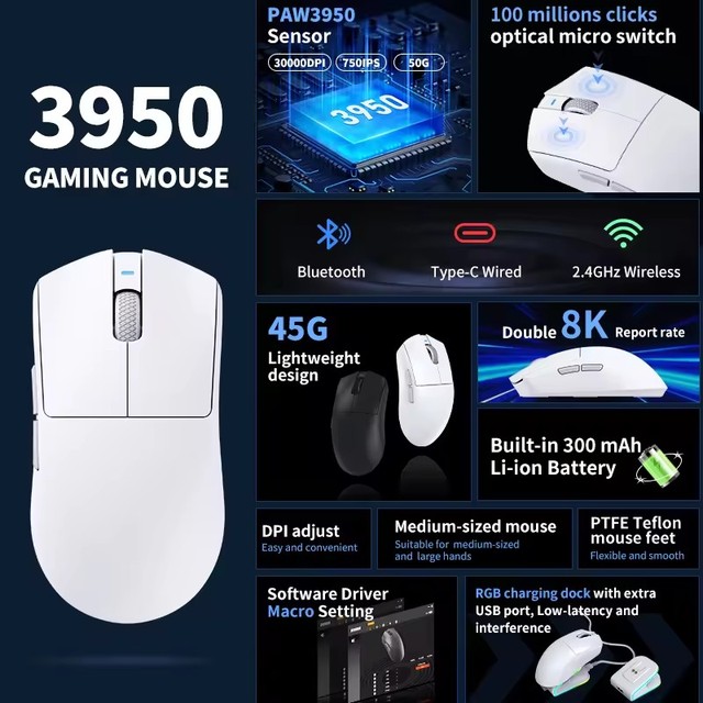 OEM 45grams BT 2.4G PAW3950/3395 30000DPI 8K Polling Rate Programmable Ergonomic Gaming Wireless Mouse with Rgb Charging Dock