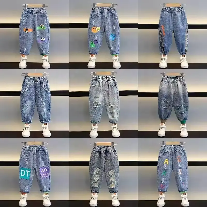 Nouveau design de jeans en denim pour enfants pleine longueur jeans noirs et bleus pantalons à taille élastique pour garçons vêtements pour enfants