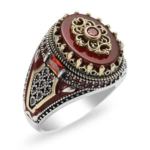 Bagues Chevalières Turques ZhuQian en Alliage Plaqué Argent, Motifs Sculptés Vintage, Incrustées de Zircon Noir et Rouge Foncé pour Hommes – Vente en Gros - Product Image 1
