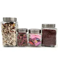 Square Clear Glass Food Storage Jar Small Size Cookies Candy Canister with Screw Stainless Steel Lid for Houseware