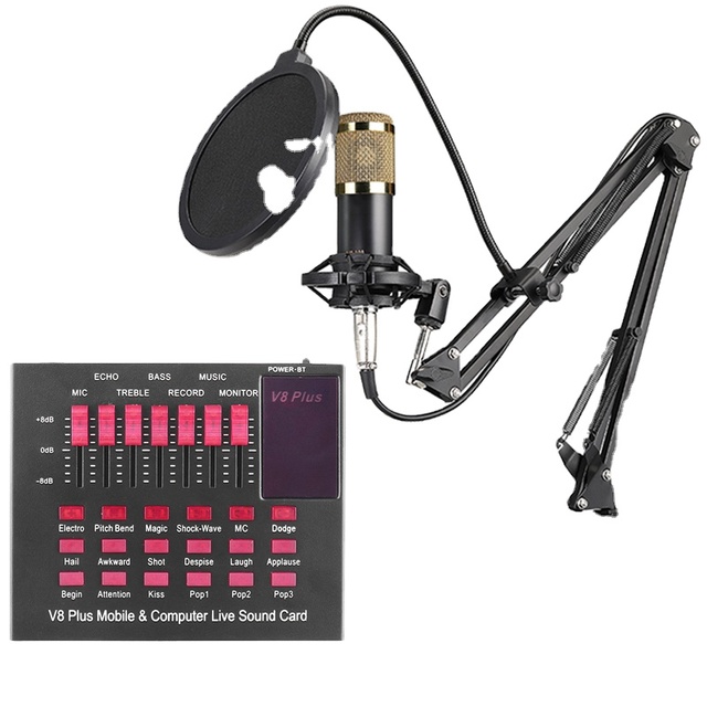 V8 V9 M9 Sound Card & BM800 Condenser Computer Microphone Studio Mic Set with Adjustable Arm Stand for YouTube Tiktok Video Live