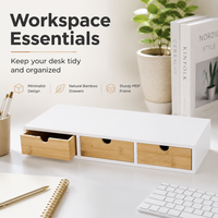 Support d'écran en bambou, organiseur de bureau, 3 tiroirs, cadre en MDF, boîte de rangement sous l'ordinateur pour fournitures de bureau et petits objets