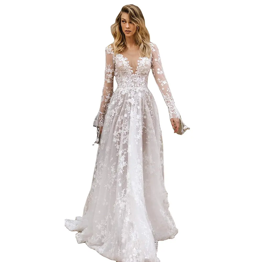 2023 sıcak satış moda beyaz seksi dantel derin V boyun Backless uzun kollu gelinlik modelleri düğün elbisesi gelinlikler