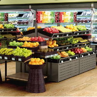 Supermarkt fruit- en groentekraam ontwerp, multiplex en staal, houten kleurdesign