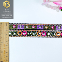 LEIXUSI 3,5 cm Bordure en dentelle brodée géométrique ethnique, motif à sequins à bord doré pour accessoires de vêtements Hanfu Cheongsam