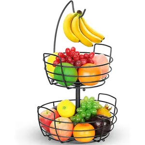 2 Tier Fruit Basket com Banana Hanger Cozinha Legumes Rack Iron Storage Holder Fruit Bowl Cesta Grande