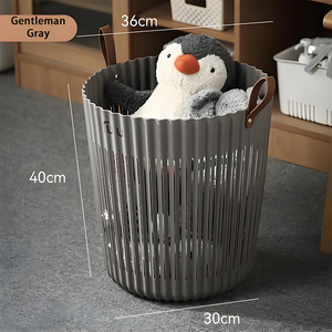 Multi Sizes Round Hollow Laundry Basket PP PBT Clothes Storage <strong>Hamper</strong> With PU Leather Handle Wholesale OEM Bathroom Storage Bin - Product Image 4