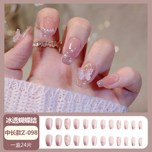 ศิลปะเล็บที่สวมใส่ได้สติกเกอร์ติดโบว์สีใสลายน้ำแข็งยาวปานกลางตกแต่งเล็บลอกออกได้ - Product Image 4