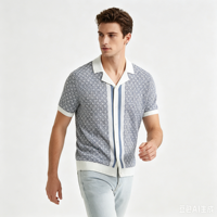 Herren Retro Geometrisches Jacquard-Strick Kurzarm-Poloshirt, Reverskragen Knopfleiste Vorne Lässiger Strick-Cardigan