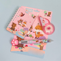 GF Fournitures scolaires Ensemble de papeterie de 3 pièces d'animaux mignons de dessins animés Filles Enfants Adolescents Stylos à bille Ensemble de cahiers avec ruban correcteur