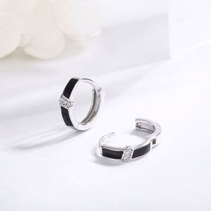925 Sterling <b>Silver</b> Cute Rhodium Plated <b>Huggies</b> Round Design Black Hoop Earrings for Women Wedding Party Gift Jewelry - Product Image 4
