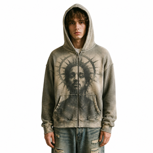OEM Brown Waffle Knit Zip Hoodie Oversized Textured Cotton Fleece Streetwear Logo Design Premium High Quality Factory Men Hoodie - Product Image 2