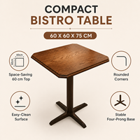 Table de bistrot carrée en bois grainé de 60 cm avec base en piédestal noir pour café, restaurant, salle à manger