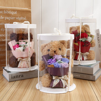 Bouquet de Fleurs Rose de Savon Artificielle et Ours en Peluche avec Boîte Cadeau pour la Saint-Valentin