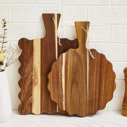2 Pcs Acacia Wood Scalloped Cutting and Chopping Board with Handle Decorative Cutting Boards for Kitchen