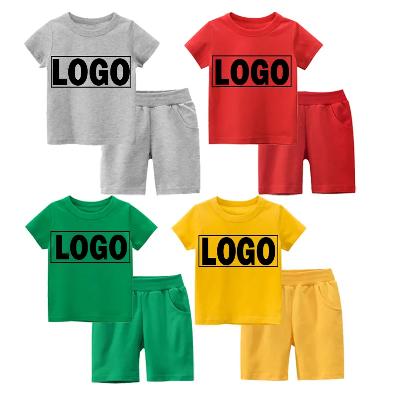 Summer Boys 100% Cotton Plain Solid Color Shorts Sets Custom Logo Printing Shorts And Shirt Set Kids Clothing/
