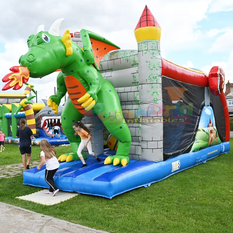 Outdoor Kids Springen Springkasteel Met Glijstructuren Gonflables Opblaasbare Draak Hindernisbaan