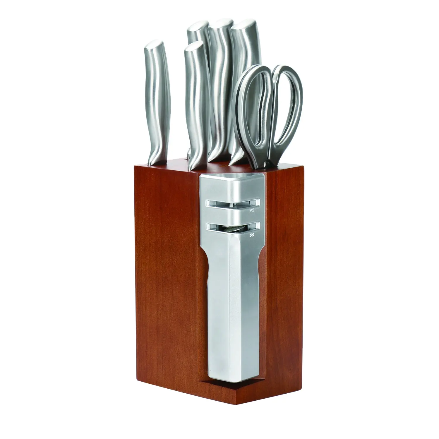 JINYU Set pisau memasak 2 tahap, peralatan makan pisau Stainless Steel dengan rautan 2 tahap yang dapat dilepas dan blok kayu 7 buah