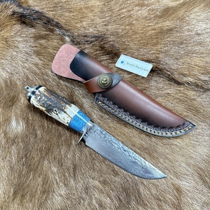 Coltelli a lama fissa con manico a forma di corno 5 "Utility Hunter con guaina in pelle OEM damasco <span class=keywords><strong>coltello</strong></span> <span class=keywords><strong>da</strong></span> caccia al cervo all'aperto - Product Image 2