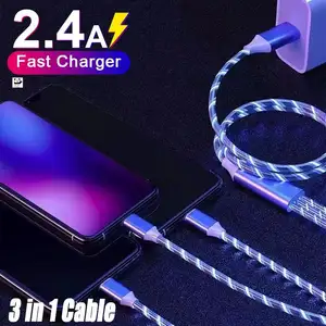 New Led Light Flowing Fast Usb Charging Cable Cell Phone Cord Charger Type C Usb-c Micro Usb 3 In 1 Cable