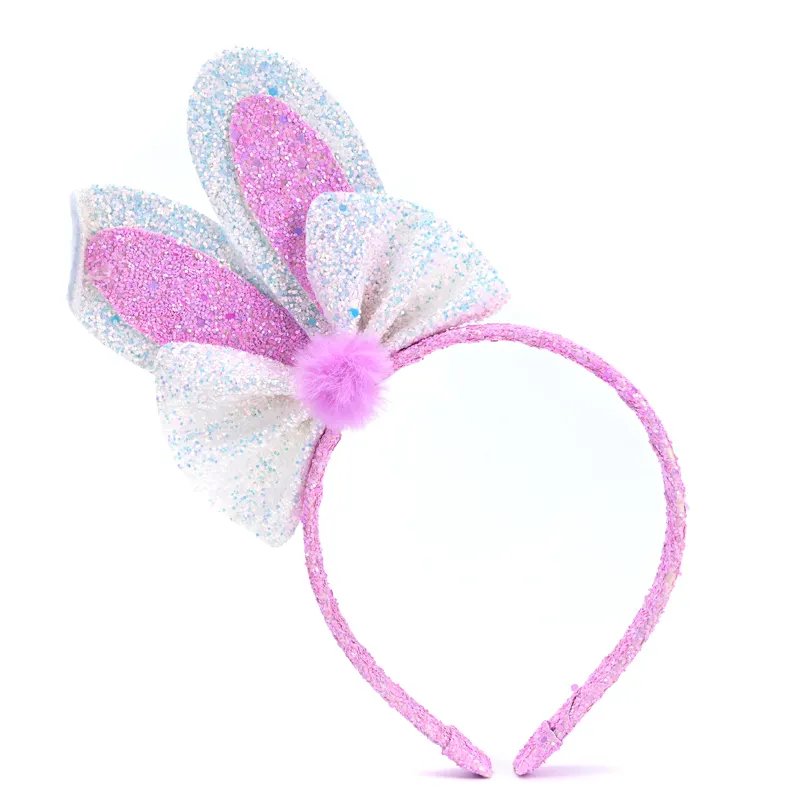 custom Easter pretty cute sequins glitter rabbit earsfuzzy ball hair accessories for baby girl hair hoop
