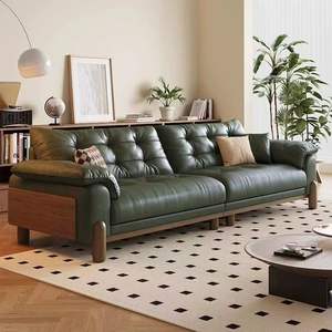 Retro Genuine Leather Sofa Dark Green Tufted Straight Design Living Room Furniture Oil Waxed Top Grain Cowhide - Product Image 1
