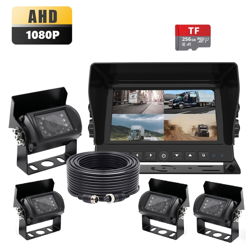 Popular on Amazon 7" 10" Optional 1080P Wired Truck Backup Camera System Kit HD Triple Quad Split Screen Monitor with Recording