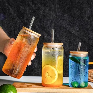Low MOQ Custom Logo 12oz/16oz Clear Beer Can &amp; <strong>Mason</strong> <strong>Jar</strong> Style Glass <strong>Tumbler</strong> Bamboo Lid Straw Business Gift - Product Image 1