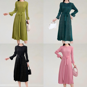 Robe plissée modeste pour femmes, robe décontractée simple de couleur unie avec ceinture, vente en gros, mode élégante, taille unique - Product Image 4