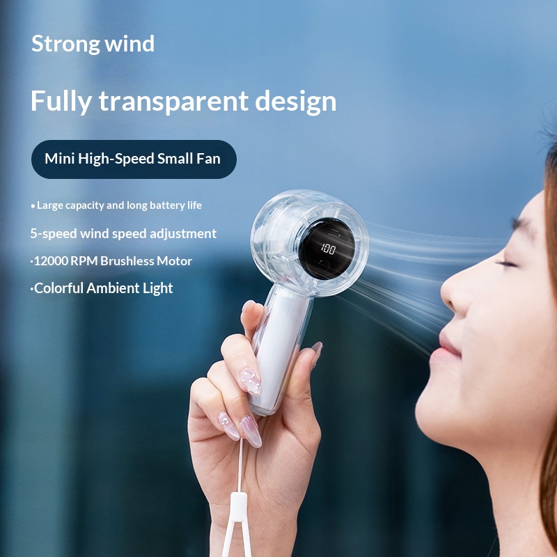 New Mini Transparent USB Rechargeable Handheld Electric Fan LED Digital Display Brushless Motor 100 Gears High-Speed Portable