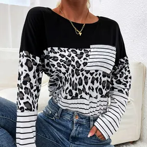 Female Plain Shirts Leopard Strip Printed Pullover Slim Tees Tops Jersey Tee OEM Shirts for Women Shirt / Blouse Plain Dyed