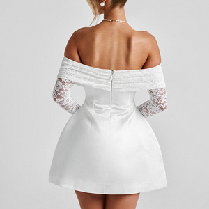 2025 encaje transparente empalmado fuera del hombro Vestido <span class=keywords><strong>de</strong></span> manga larga mujeres elegante Sexy blanco negro corto Mini <span class=keywords><strong>vestidos</strong></span> <span class=keywords><strong>de</strong></span> cóctel - Product Image 3