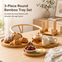 Bambus Rundes Tablett-Set 3-teilig mit Bambusständer Natürliche Bambusplatte Serviertablett für Küche Esszimmer Dekoration