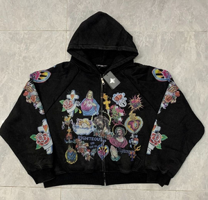 Sweat à capuche zippé Righteous, Nouvelle veste zippée streetwear épaisse grande taille délavée, Sweat à capuche zippé imprimé numériquement - Product Image 6
