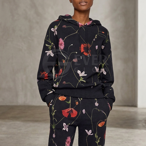 Sweat-shirt à capuche imprimé floral pour femmes, manches longues, tricoté, style décontracté, style automne, avec poches - Product Image 1