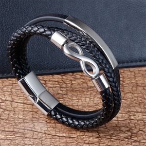 High Quality Stainless Steel Infinite Symbol Men's <b>Bracelet</b> Name Customized Three-Layer <b>Leather</b> Woven <b>Leather</b> <b>Bracelet</b> - Product Image 1