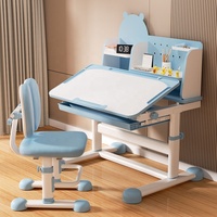 Ensemble de bureau et chaise ergonomiques pour enfants, hauteur réglable, plateau inclinable, tiroir de rangement, étagère, bleu et blanc, meubles pour la maison