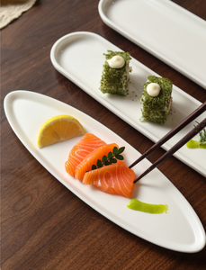 Assiette Minimaliste Blanche Allongée en Céramique pour Sushi et Sashimi, Plateau à Desserts pour Hôtels et Banquets de Mariage, Logo Personnalisé, Vente en Gros - Product Image 4