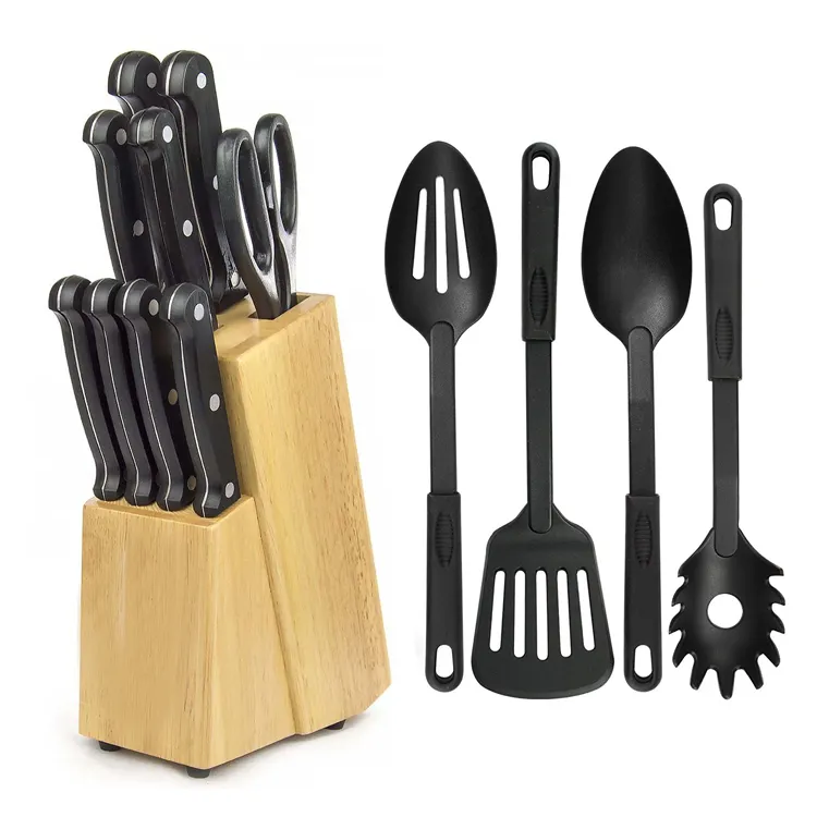 Professional 14pcs Kitchen knife and utensil set with wooden block