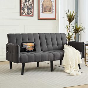 Divano <span class=keywords><strong>Letto</strong></span> Futon Convertibile con USB, Imbottito e Trapuntato, Piccolo Divano Pieghevole Regolabile, Moderno Stile Mid-Century - Product Image 6