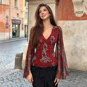 Top de malla con estampado Paisley y cuello en V, ajuste ceñido en la cintura, manga acampanada, estilo vintage europeo-americano, elegante y favorecedor, camiseta holgada. - Product Image 3