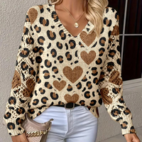 Pull à manches longues pour femme, imprimé léopard, motif cœur, col en V, tricoté à la machine, 100% polyester, respirant, décontracté, toutes saisons