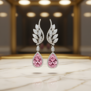 Orecchini Pendenti in Oro Bianco con Zirconi Rosa Taglio a Pera, Cristalli e Strass con Montatura a Castone, Design Romantico a Forma di Pianta, per Matrimonio Donna - Product Image 2