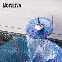 Boweiya Meilleure Vente Élégante Vasque de Salle de Bain Bleue et Blanche en Verre Trempé Transparent Minimaliste à Poser sur Comptoir
