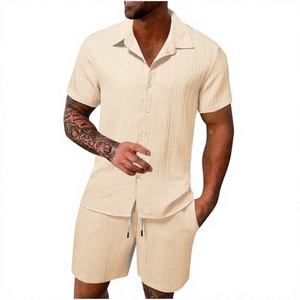 Ensemble 2 pièces d'été pour homme, chemise et short, couleur unie, tenue de plage, boutonnée, 100% coton et lin français, personnalisable avec logo OEM - Product Image 3