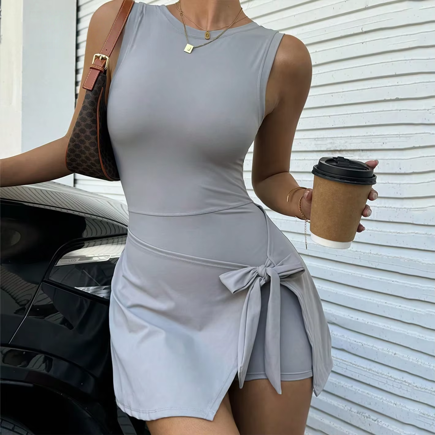 One-Piece Anti-Exposure Tight-Fitting Slimming High Elasticity Casual Fitness Backless Tennis Yoga Dress Sweat-Wicking